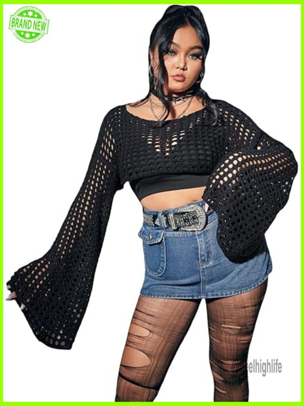 Plus Size Crochet Cropped Sweater, Boat Neck Long Sleeve Hollow Out Pullover